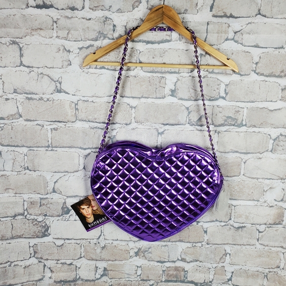 Justin Bieber Metallic Purple Quilted Heart Handbag Dead Stock Chain Strap - Picture 2 of 12